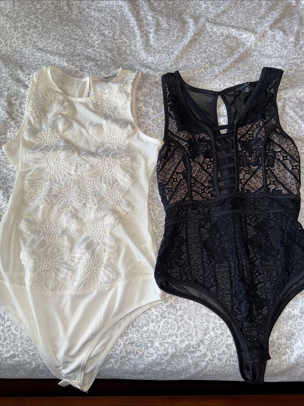 Women’s Black & White Floral Lace Bodysuits